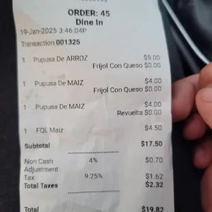 Receipt showing they charge more than what is posted on the menu.