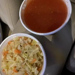 Curtido (pickled cabbage and carrots) and tomato sauce for the pupusas