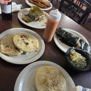 Carne Asada and chicharrone pupsas, chicken and pork tamales