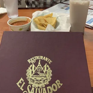 Chips &amp; salsa, horchata, and a margarita to start while we look over the menu.