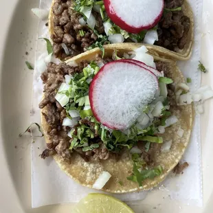 Steak, corn tortilla tacos