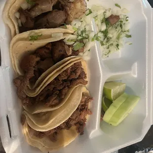 Asada Tacos and Tripas Tacos (tripe)