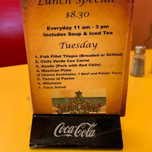a menu for lunch special