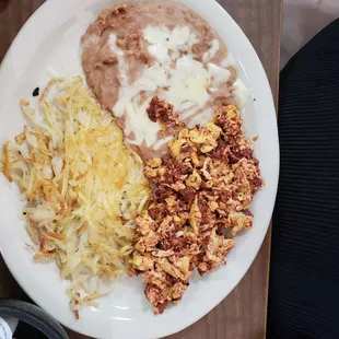 Eggs with chorizo, hashbrowns, and beans