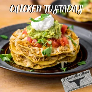 Chicken Tostada Tuesday Top an authentic tostada shell with cooked and shredded fresh, all-natural chicken and add your favorite toppings!