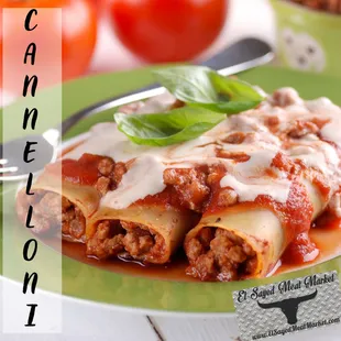 Cannelloni are cylinders of pasta stuffed with minced beef, onion and garlic, smothered in tomato sauce and topped with shredded mozzarella