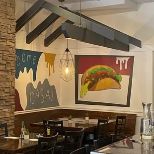 Seating area and art.