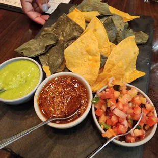 tortillas, salsa, and guacamole