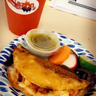 Quesa-shrimp taco &amp; I believe a strawberry fresca (a friend bought it for me)