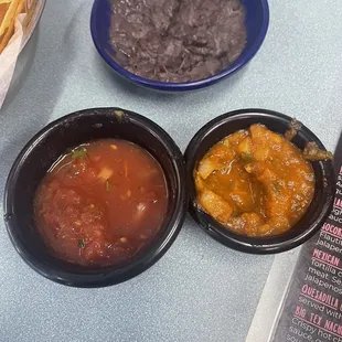 Beans, salsa, hot salsa