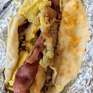 Our own creation: the Karen Taco - bean, egg, potato and bacon