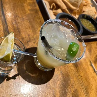 Tequila shot and house margarita