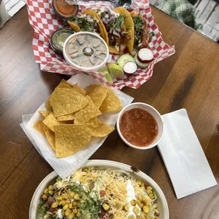 Quesabirria, burrito bowl, chips and salsa