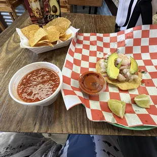 Shrimp ceviche tostada with free chips and Warm salsa