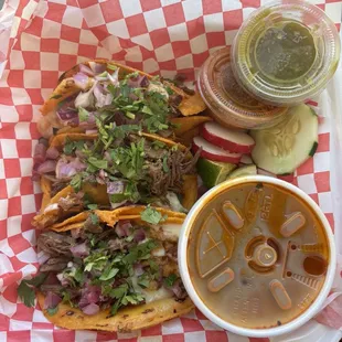 Quesabirria tacos. Comes with consommé &amp; salsa cups