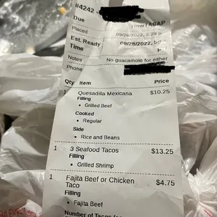 a receipt for a mexican restaurant