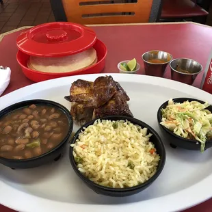 pollo asado, house-made tortillas, rice, beans and salad