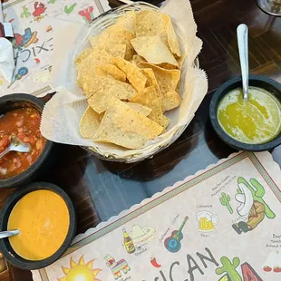 chips and 3 different salsas.