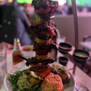 Food-rib eye with shrimp.