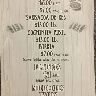 Menu as of September 2018. Would truly recommend the Wednesday special.