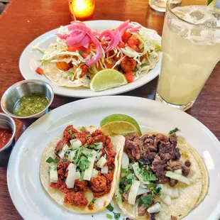 Carne asada, chorizo, fried shrimp and rock fish tacos