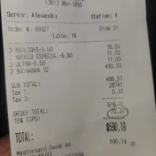 a receipt for a restaurant
