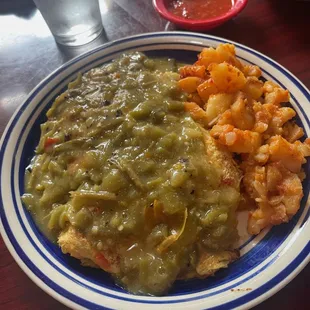 Omelette with green chile sauce and side of potatoes