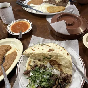 Asada tacos, steak and eggs