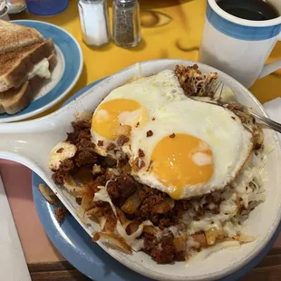 Eggs with chorizo and onions.