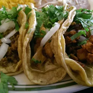 Ground beef, chicken and al pastor from L to R.