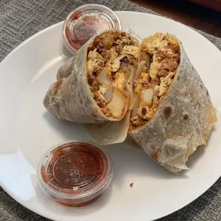 Chorizo, egg, potatoes, and cheese breakfast burrito!