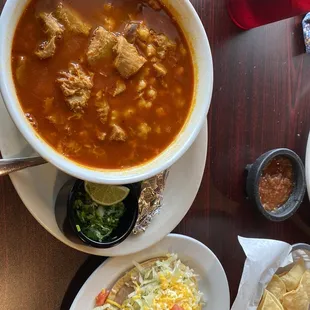 Menudo, tostada, and chips and salsa