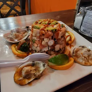 Ceviche Vallarta - Fish, Shrimp, and Octopus Ceviche served with four oysters. Absolute deliciousness!