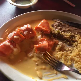 Last of the chicken enchiladas with beans and rice