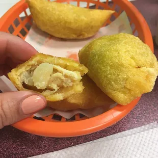 Breakfast and bakery menu. Chicken and beef empanadas.