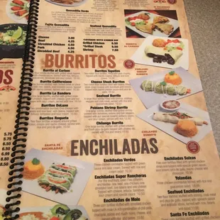 a menu for burritos and enchillas