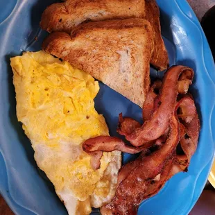 Scrambled eggs, Bacon, Wheat Toast
