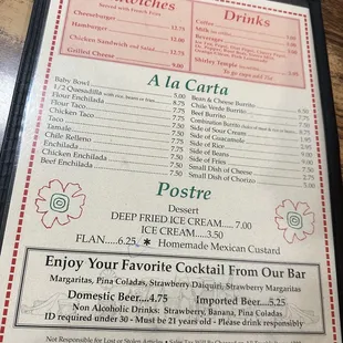 Most recent menu prices
