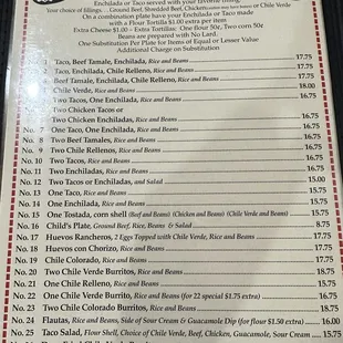 Most recent menu prices