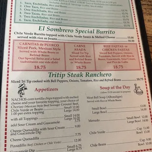 Most recent menu prices