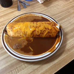 Bean and Chicharron Burrito smothered with red and green chili