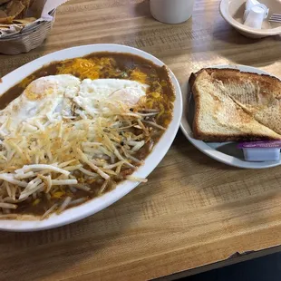 Huevos Rancheros with Green Chile and toast
