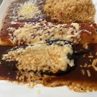 New way they are making the Chile relleno (no breading and not stuffed ), burrito with rice and beans