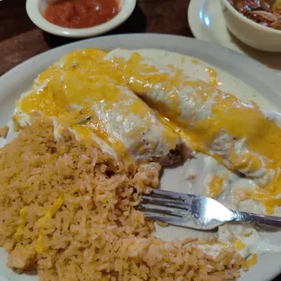 Chicken burrito dinner. Delicious cream cheese sauce.