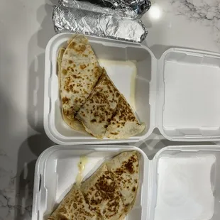 2 Bean and cheese burritos, chicken quesadilla, steak quesadilla.