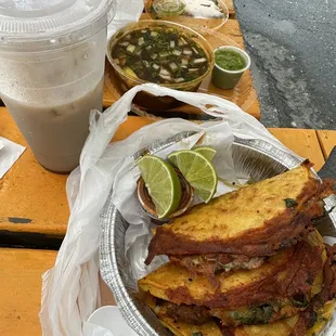 Birria tacos with consommé, horchata