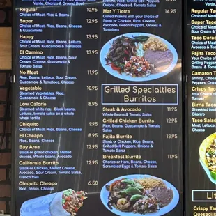 Menu: Burritos, Seafood, Grilled Specialty Burritos