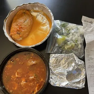 Menudo and chili relleno purchased at the restaurant... I know the chili relleno look BLAH but it was super tasty. Menudo kinda bland