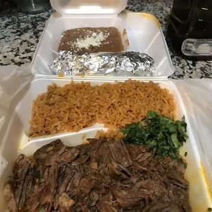 Birria plate to go. They put the beans in a separate container--nice touch