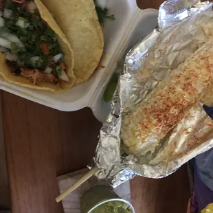 Tacos (tinga protein)  and Mexican corn.